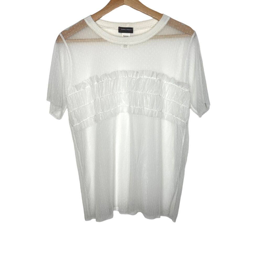 Sans Souci Mesh Sheer White Tee With Smocking Large Cottage Lolita Dainty